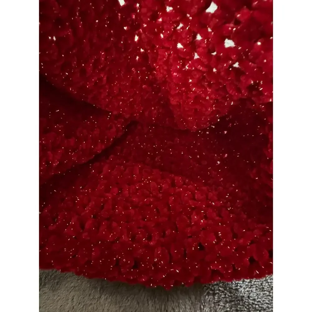Knit Pompom Hat Red White Winter Christmas Holiday Beanie Metallic Shimmer